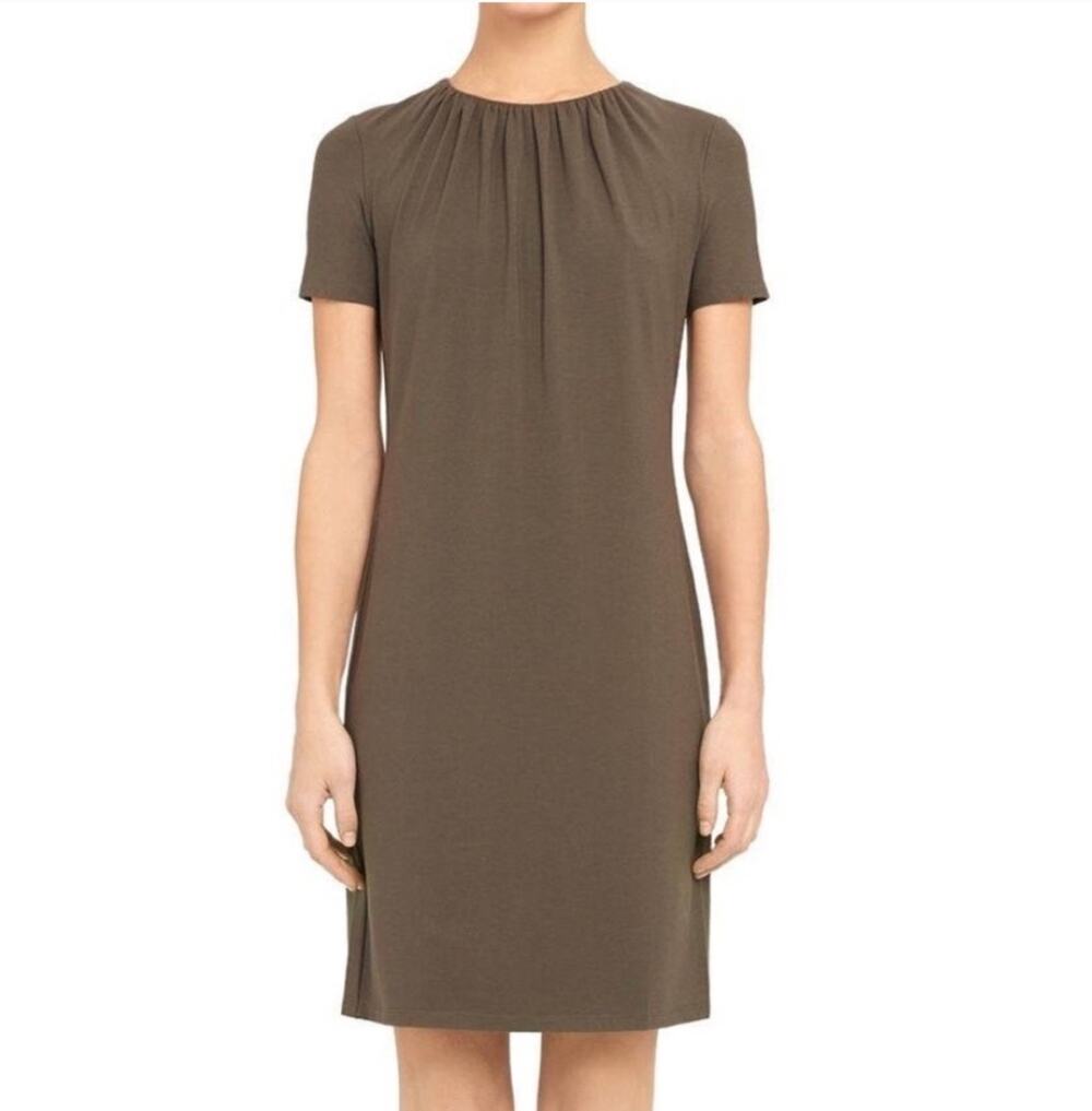 Theory Gather Tee Dress Womens XS Ash Rubric Cotton Blend Work Short Sleeve